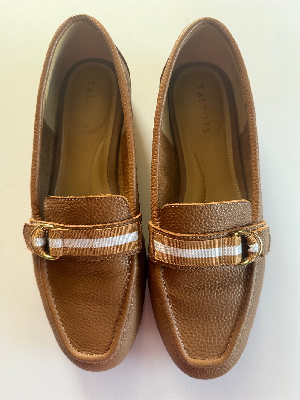 Talbots Tan Leather Loafers with Striped Ribbon and Gold Buckle